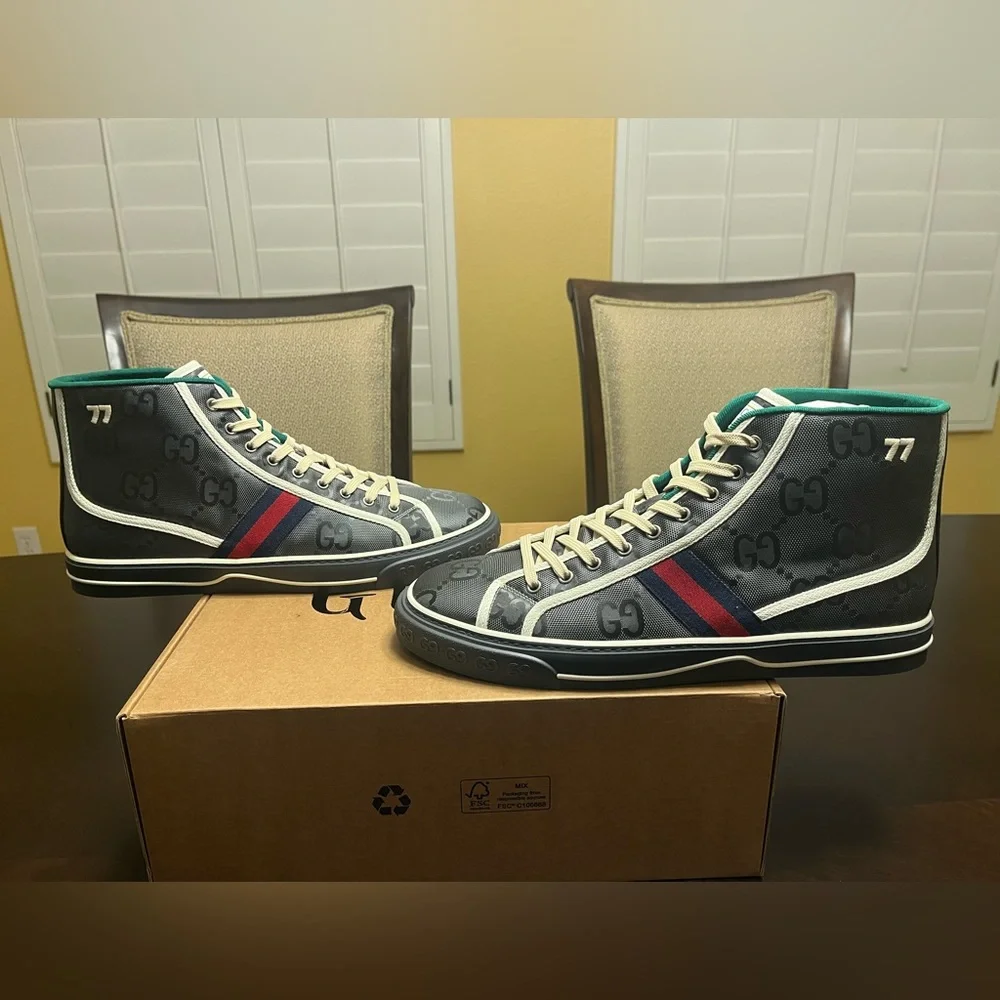 New Gucci Tennis 1977 GG Supreme Logo Gray High Sneaker Shoes UK 13 / US 13.5 - Picture 13 of 16